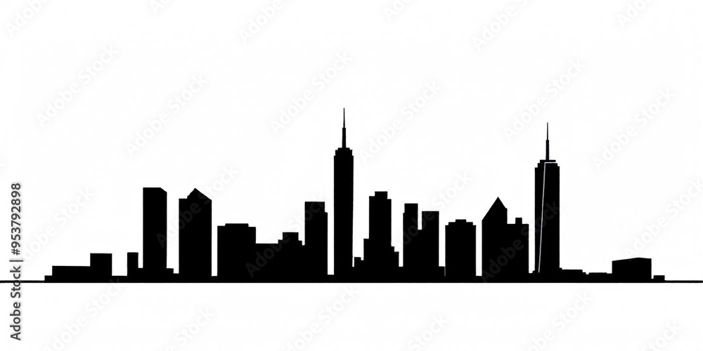 Fototapeta premium silhouette of building facade, black and white silhouette line drawing illustration of old houses scheme in white background 