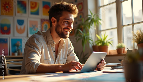 Smiling Man Working in Sunlit Artistic Home Office