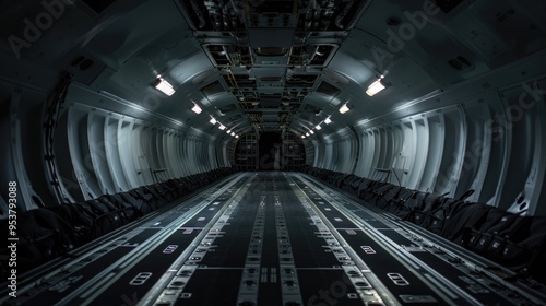 Illuminated Organization: Inside a Dimly Lit Cargo Plane with Rows of Strapped-down Goods