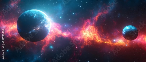 Blue Planet in Red Nebula Cosmic Landscape Space Art