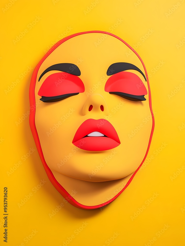 Abstract Face with Closed Eyes and Red Lips on Yellow Background Abstract Face with Closed Eyes and Red Lips on Yellow Background