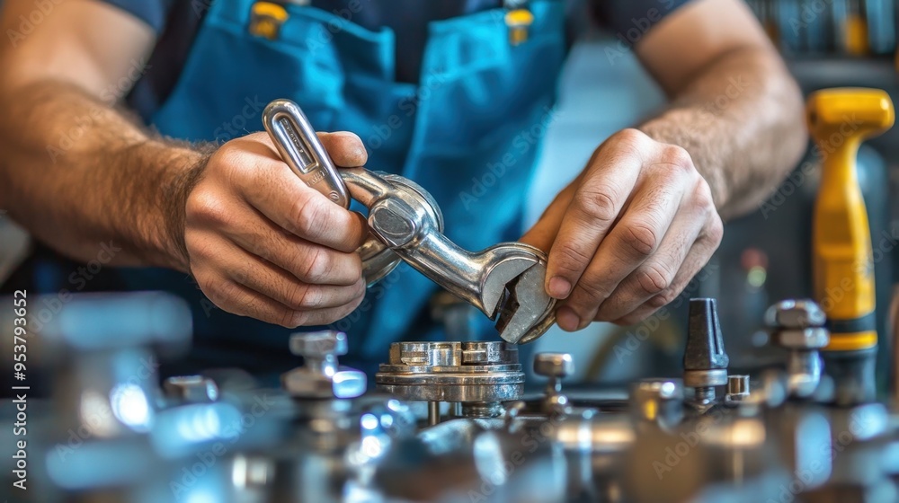 A close-up of a plumber's hands fixing a pipe with a wrench, surrounded by various tools. The background showcases the essential work in the plumbing industry. A close-up of a plumber's hands fixing a pipe with a wrench, surrounded by various tools. The background showcases the essential work in the plumbing industry.