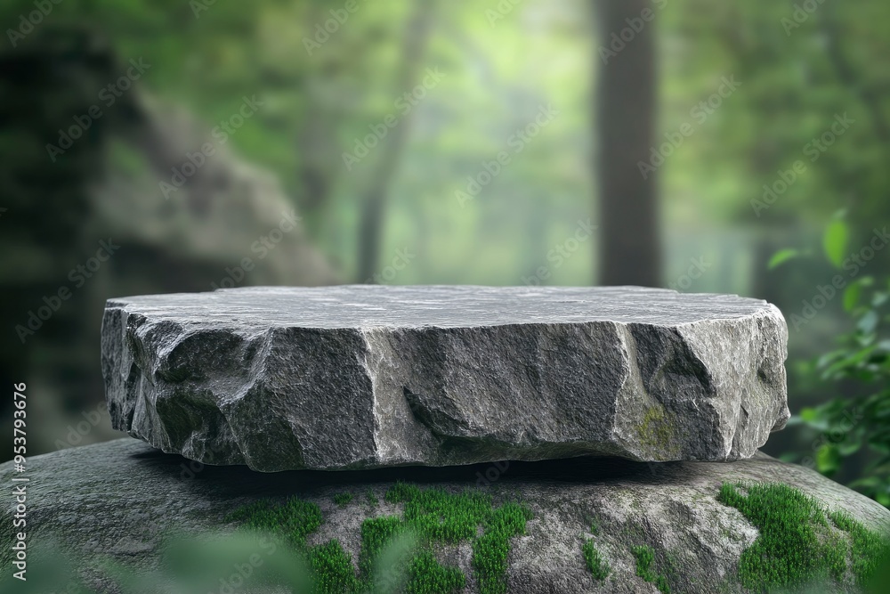 Stone podium on rock platform 3d illustration, grey rock pedestal for a product display stand, green forest and blurred on the background,with generative ai Stone podium on rock platform 3d illustration, grey rock pedestal for a product display stand, green forest and blurred on the background,with generative ai