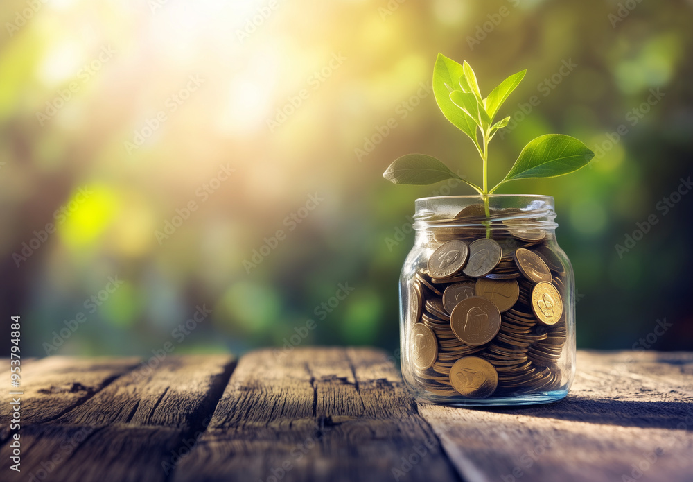 A conceptual stock photo featuring a glass jar filled with coins, with a growing plant emerging from the top, placed on a wooden table against a softly blurred background of sunlight A conceptual stock photo featuring a glass jar filled with coins, with a growing plant emerging from the top, placed on a wooden table against a softly blurred background of sunlight