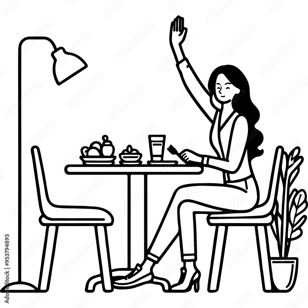Fototapeta premium Woman Raising Hand at Table.