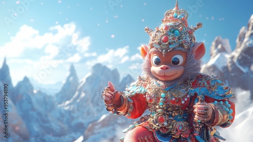 A cute and detailed 3D rendering of the Monkey God from Chinese mythology, set against a backdrop of celestial mountains. The character's vibrant colors stand out.