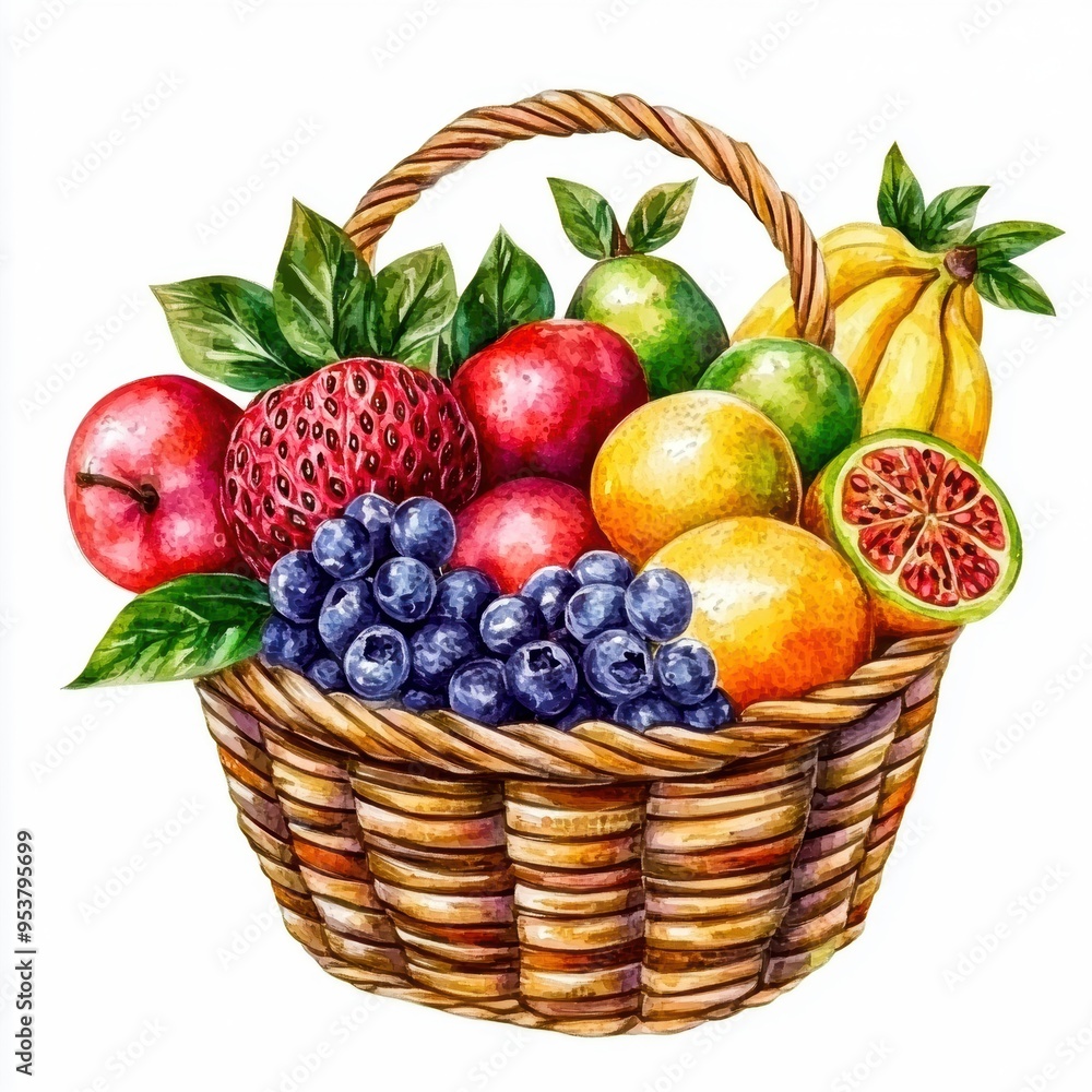 Vibrant watercolor illustration of a fruit basket featuring apples, berries, bananas, and citrus fruits. Perfect for healthy eating and organic themes. Vibrant watercolor illustration of a fruit basket featuring apples, berries, bananas, and citrus fruits. Perfect for healthy eating and organic themes.