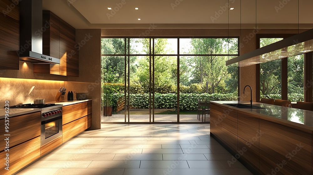 Fototapeta premium Modern kitchen with sophisticated cabinetry and stylish countertops for a sleek cooking environment