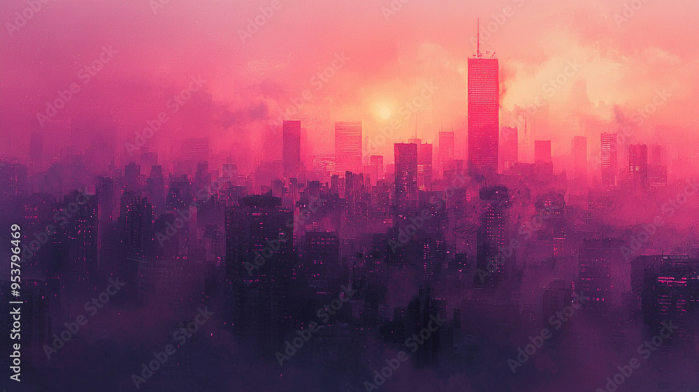 Fototapeta premium a pink city skyline with a red sky in the background.