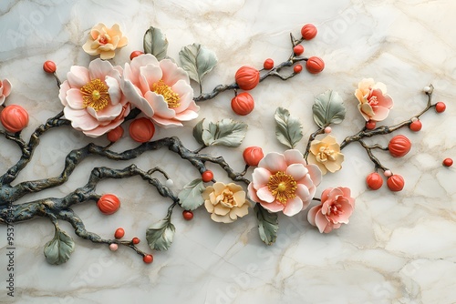 Elegant floral branch artwork, Beautifully crafted floral branch artwork with delicate pink and white flowers against a marble background, capturing elegance and natural beauty.