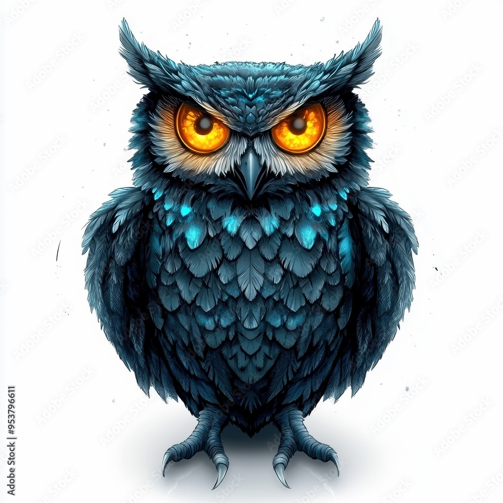Fototapeta premium Illustrated image of a cute blue owl with striking golden eyes, showcasing detailed feathers and a charming expression.