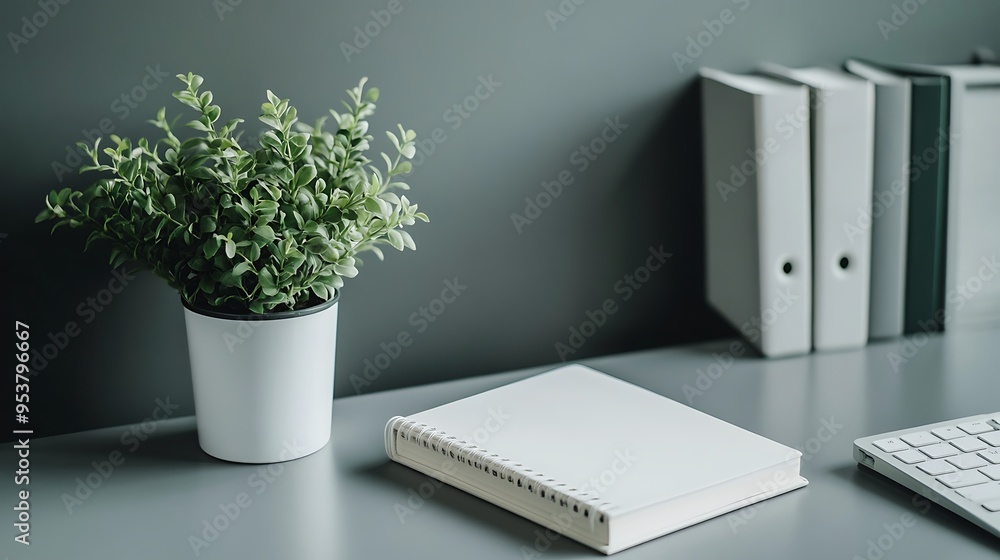 Minimalist Office Workspace with Greenery and Blank Notebook Minimalist Office Workspace with Greenery and Blank Notebook