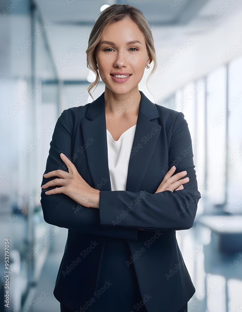 Portrait of a professional employee woman with semi formal suit dress, smiling for camera with confident expression. Concept photo of success and achievement Portrait of a professional employee woman with semi formal suit dress, smiling for camera with confident expression. Concept photo of success and achievement