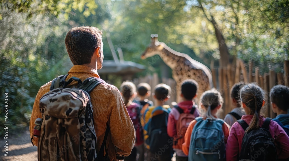 A zoo worker guiding a group of schoolchildren through the zoo exhibits. A zoo worker guiding a group of schoolchildren through the zoo exhibits.