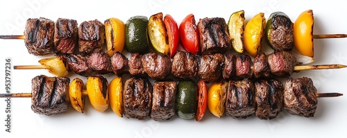 a beef skewer with vegetables, grilling concept, vibrant colors, isolated on white background photo