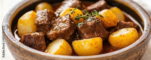 a beef stew with potatoes, rustic meal, hearty and warming, isolated on white background photo