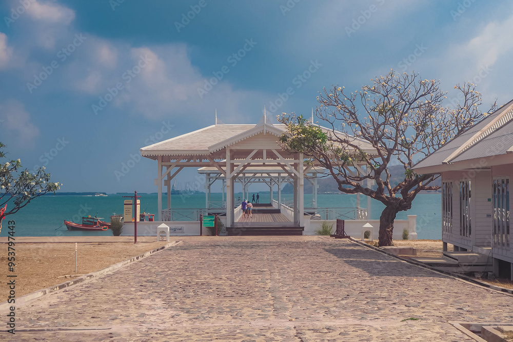 Pavilion on a tropical paradise island by the sea, under a sunny sky. Pavilion on a tropical paradise island by the sea, under a sunny sky.