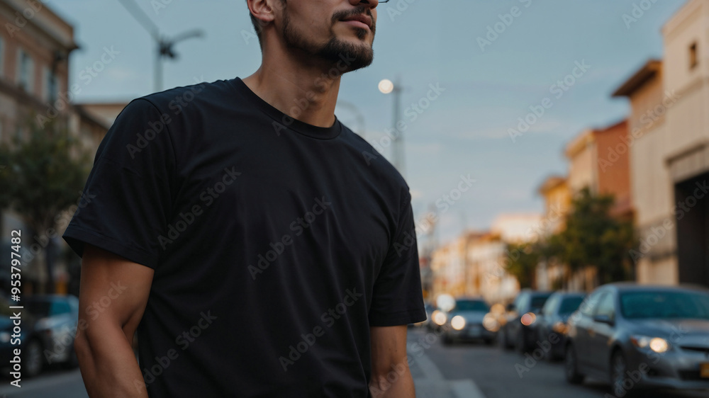 Modello che indossa una maglietta tshirt nera per mokeup senza loghi in mezzo ad una strada, abbigliamento di moda tra i giovani Modello che indossa una maglietta tshirt nera per mokeup senza loghi in mezzo ad una strada, abbigliamento di moda tra i giovani