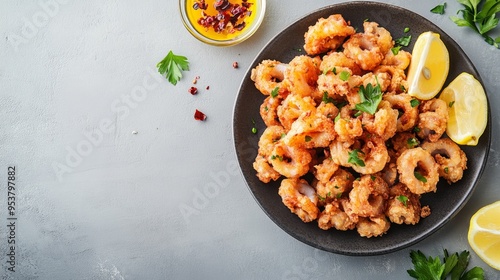 A high-quality stock image of a plate of crispy calamari served with lemon wedges on the right side, leaving space on the left for text. Perfect for seafood menus and appetizer promotions.