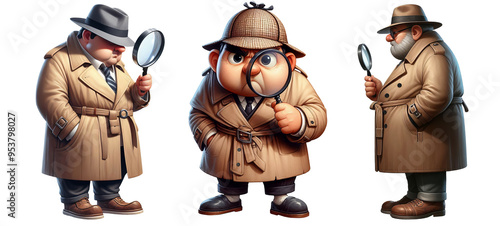 A set of 3D rendered Private Investigators searching for clues, isolated on a transparent background