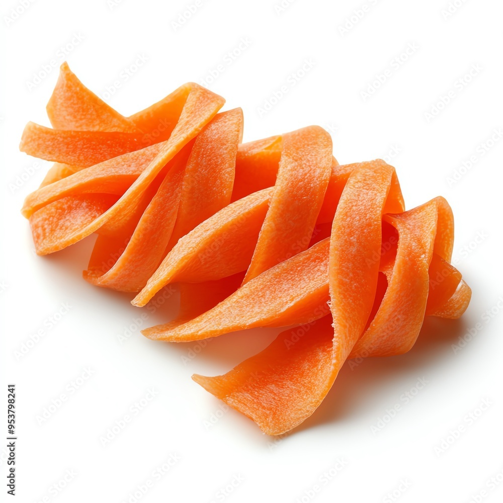 a carrot cut into ribbons, salad preparation, thin and crisp, isolated on white background a carrot cut into ribbons, salad preparation, thin and crisp, isolated on white background