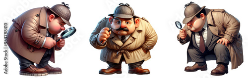 A set of 3D rendered Private Investigators searching for clues, isolated on a transparent background
