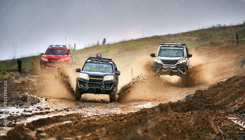 Off road racing on uphill and muddy tracks in the rain Off road racing on uphill and muddy tracks in the rain