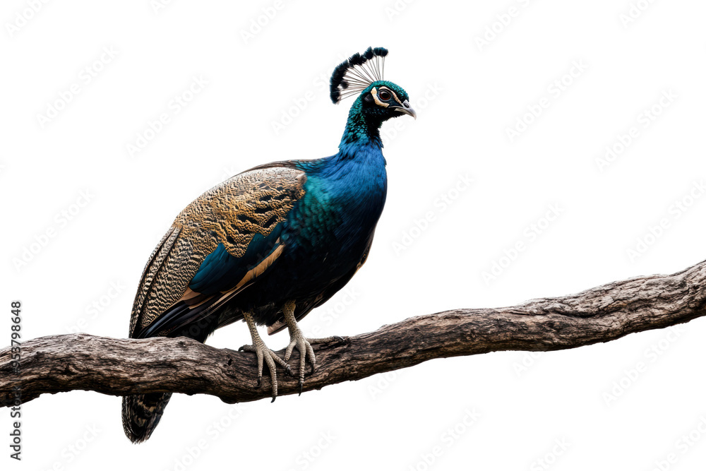 Obraz premium Beautiful peacock perched on a branch in daylight isolated on transparent background