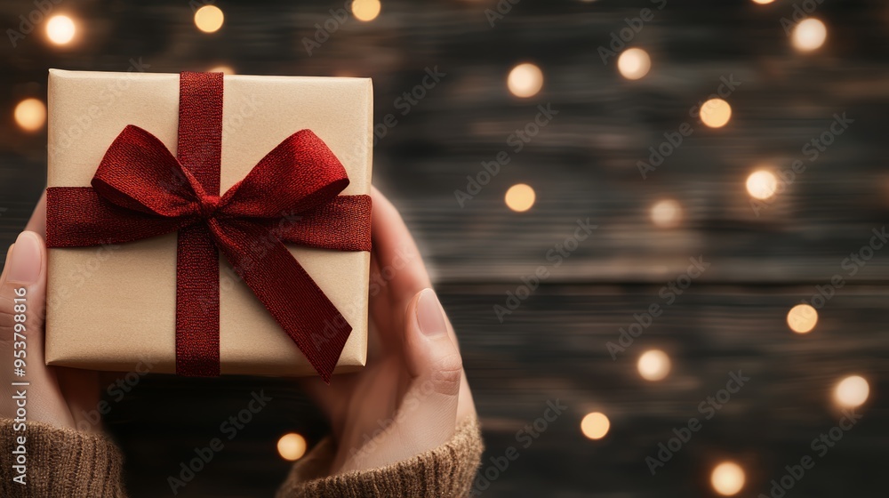 A beautifully wrapped gift with a red ribbon held in hands, surrounded by soft bokeh lights, perfect for festive occasions. A beautifully wrapped gift with a red ribbon held in hands, surrounded by soft bokeh lights, perfect for festive occasions.