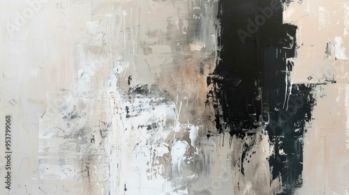 Abstract painting with a blend of black, white, and beige tones, showcasing intricate textures and a modern aesthetic