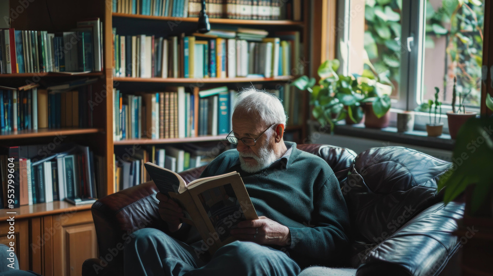 Serene Senior Man Enjoying Reading Time in Cozy Living Room Serene Senior Man Enjoying Reading Time in Cozy Living Room