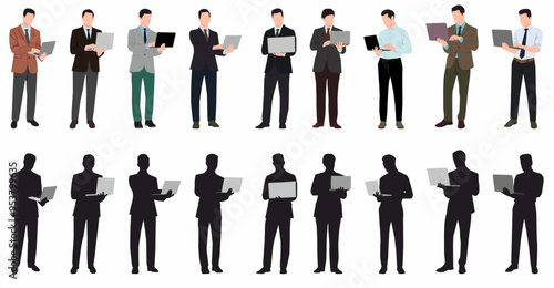 Set of working business people using laptop and tablet. Easy editable layered vector illustration.