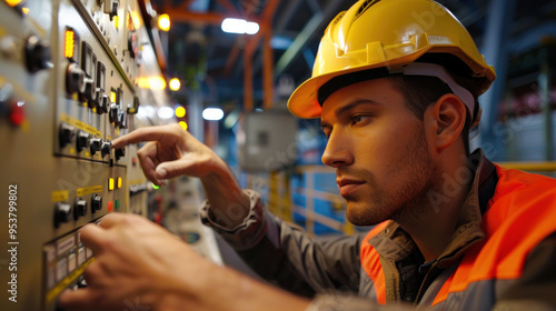 Focused worker adjusting machinery controls in factory setting photo