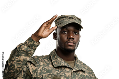 Uniformed soldier saluting backdrop isolated on transparent background photo