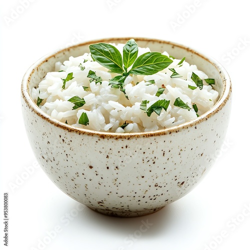 a cup of cooked rice with herbs, culinary element, fresh garnish, soft lighting, isolated on white background