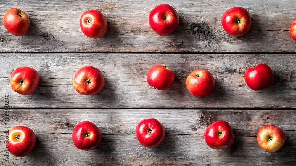 Red Apples Arranged on Rustic Wooden Surface Red Apples Arranged on Rustic Wooden Surface