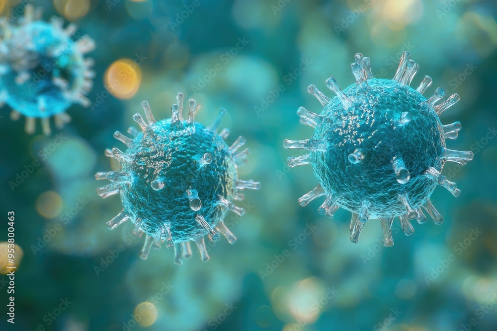 Microscopic View of a Blue Virus with Spikes Microscopic View of a Blue Virus with Spikes