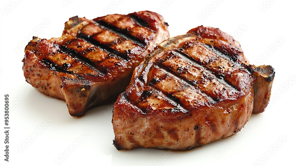 a grilled pork chop with grill marks, summer barbecue theme, rich browns, isolated on white background a grilled pork chop with grill marks, summer barbecue theme, rich browns, isolated on white background
