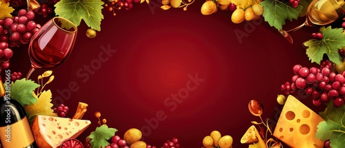 A vibrant frame featuring wine, cheese, and grapes against a rich background, perfect for food and beverage themes.