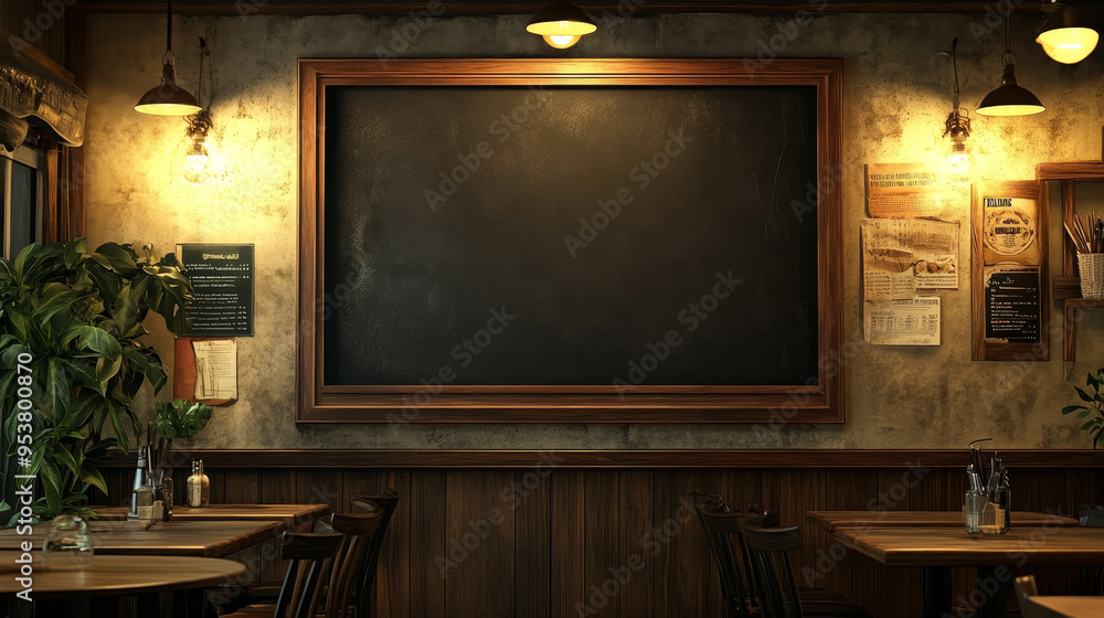A restaurant with a blackboard on the wall A restaurant with a blackboard on the wall