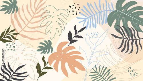 Tropical leaves background. Hand drawn leaves natural. monstera leaves. Exotic plants seamless pattern. floral element. Vector illustration