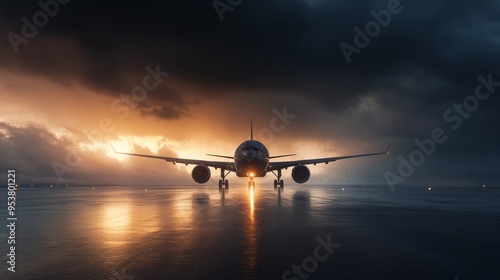 A dramatic view of an airplane on a wet runway under a moody sky, illuminated by the warm glow of a sunset.