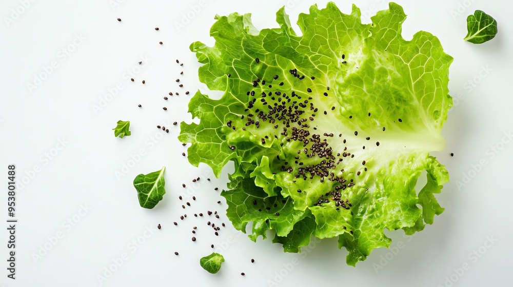 a lettuce leaf with a sprinkle of seeds, healthfocused, natural tones, isolated on white background a lettuce leaf with a sprinkle of seeds, healthfocused, natural tones, isolated on white background