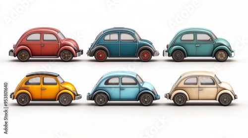 Colorful vintage cars in a row, representing retro design, ideal for automotive, retro, and cultural themes.