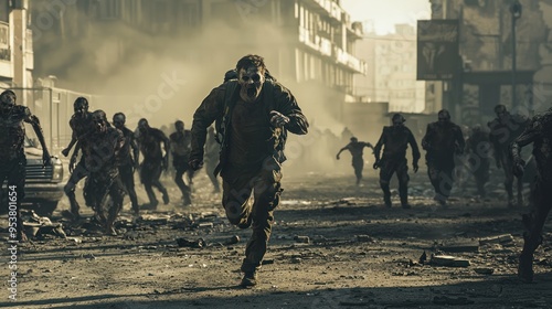 A lone survivor running through a destroyed street, chased by a pack of zombies.
