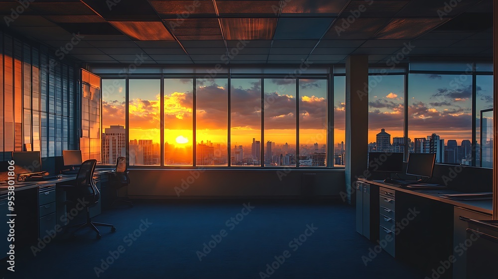 Office with a View of the Sunset Over a Cityscape
