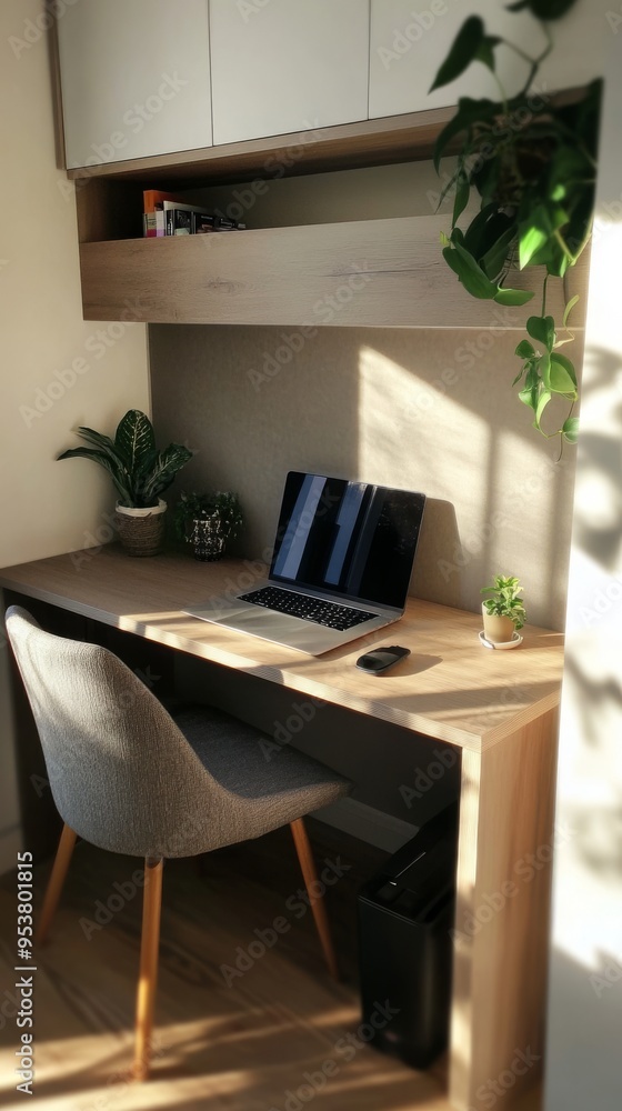A small home office with a modern desk A small home office with a modern desk