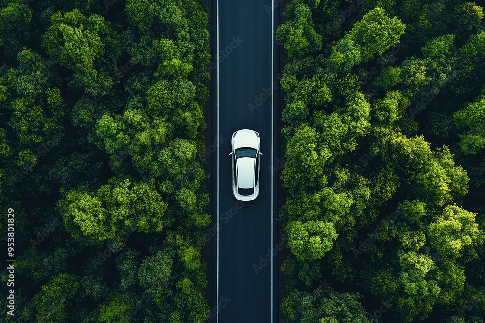 Top view of a white electric car driving dark green forest road, which is an elevated road that surrounds natural forest. with generative ai Top view of a white electric car driving dark green forest road, which is an elevated road that surrounds natural forest. with generative ai