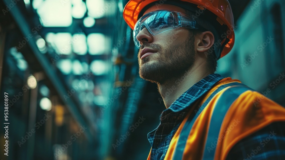 Construction Worker Wearing Safety Gear in Industrial Setting Construction Worker Wearing Safety Gear in Industrial Setting