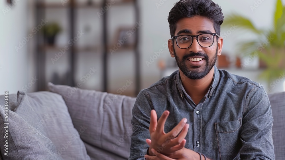A happy Indian man speaking while glancing at the camera. Generative Ai A happy Indian man speaking while glancing at the camera. Generative Ai